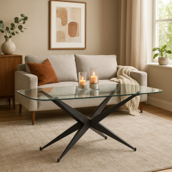 TAVOLO FISSO SIMONE CM 180X90 MET NERO E PIANO IN VETRO TAV4126